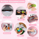Pink play kitchen simulated cooking, washing and appliance areas