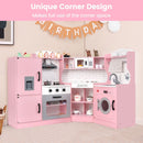 Pink corner play kitchen styled in a playroom