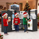 Black corner play kitchen with children in a festive playroom