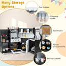 Black corner play kitchen cupboards, four open compartments and hanging storage