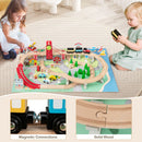 Red-bin wooden train table: magnetic train connections and solid wood tracks