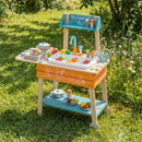Multicolour outdoor mud kitchen with circulation sink and two wheels; cookware, food and props are not included