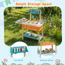 Blue top and bottom storage shelves on the orange and natural-wood mud kitchen; props are not included