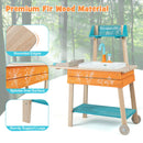 Fir-wood mud kitchen with orange floral front, blue shelves and two wooden wheels