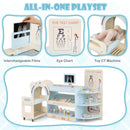 Blue pretend doctor station with interchangeable picture cards, eye-chart graphic and toy scanner arch