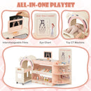 Pink pretend doctor station with interchangeable picture cards, eye-chart graphic and toy scanner arch