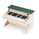 Side-angle view of the green and beige wooden toy piano