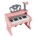 Pink mini keyboard with 25 keys, grey music stand and adjustable microphone holder