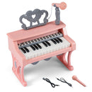 Pink and grey 25-key mini keyboard with microphone, music stand and included cables