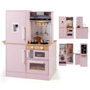 Pink dual-sided wooden play kitchen showing front, rear and side views of one playset