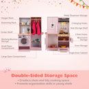 Pink kitchen and laundry sides with hanger rack, shelves, cupboards and utensil hooks