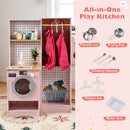 Pink rear sink, pretend washing machine and hanger area with the listed cookware and hanger set