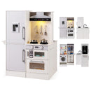 White dual-sided wooden play kitchen showing front, rear and side views of one playset
