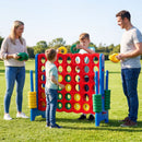 Blue uprights and four-in-a-row board shown on grass during supervised play