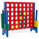 Blue uprights with red four-in-a-row board, coloured rings and side storage posts