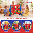 Blue four-in-a-row game shown in indoor and outdoor play settings