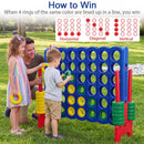 Red-upright game showing horizontal, diagonal and vertical four-ring winning lines