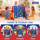 Red-upright four-in-a-row game shown in indoor and outdoor play settings