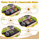 Natural mud kitchen with its water tank and two removable sinks shown with example water, sand and mud-play materials
