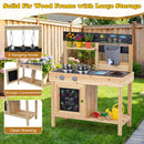 Natural fir-wood mud kitchen showing three utensil hooks, the open cabinet and lower storage shelf