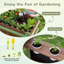 Raised planter, two seedling pots and two hand gardening tools