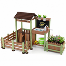 Brown and green wooden mud farm with empty play yard, planter, sink and play gate