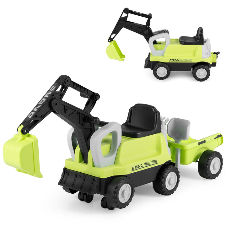 Toddler Ride-On Digger with Trailer – Green, complete ride-on and detachable trailer