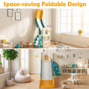 Toddler Slide and Activity Tower with Basketball Hoop – slide folded upright for storage