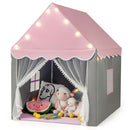 Pink-roof play tent with grey walls, gauze entrance curtains and star lights; decorative props shown