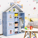 Blue house-shaped kids wardrobe with bins and hanging clothes in a room