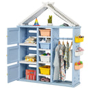Open blue wardrobe showing hanging area and storage compartments