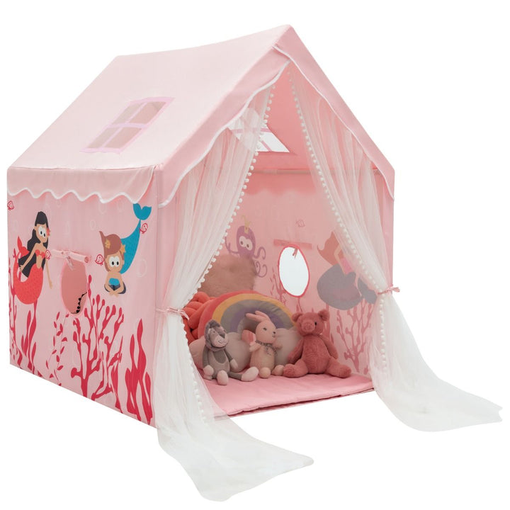 Pink mermaid play tent with padded mat and gauze entrance curtains; styling toys are not included