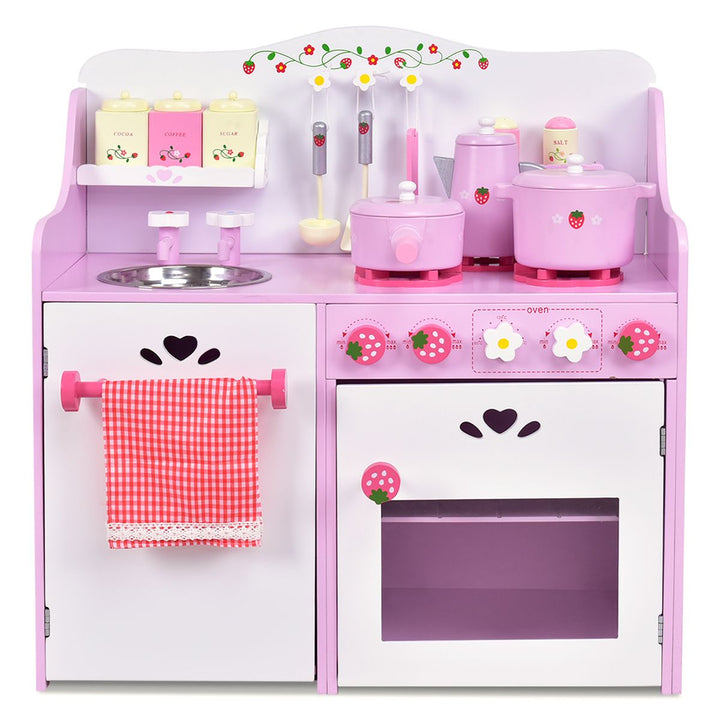 Pink and white strawberry play kitchen with matching pretend accessories