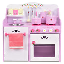 Pink and white strawberry play kitchen with matching pretend accessories