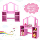 Pink vanity with four open storage compartments