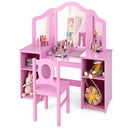 Pink vanity and chair with styling accessories