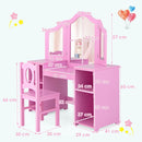 Pink vanity and chair with labelled dimensions
