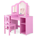 Pink kids vanity table with tri-fold mirror and matching chair