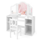 White kids vanity table with tri-fold mirror and matching chair