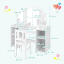 White vanity and chair with labelled dimensions