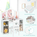White vanity with tabletop corners and mirror details