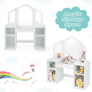 White vanity with four open storage compartments