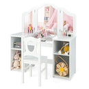 White vanity and chair with styling accessories