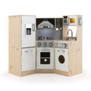 Natural and white corner play kitchen with fridge, range hood, oven and washing machine
