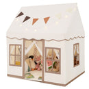 Beige house-style play tent with coffee-brown trim, banner and star lights; decorative props shown