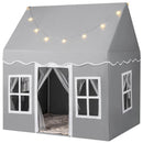 Grey house-style play tent with white window trim, gauze doorway and star lights