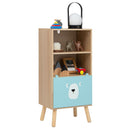 Natural-tone bear bookcase with blue lower storage bin; props excluded