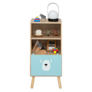 Front view of bear bookcase and lower toy bin