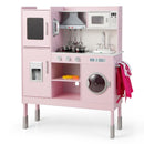 Pink play kitchen with tall toy fridge, range hood, microwave and washing machine
