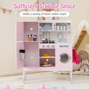 Opening toy fridge, microwave and kitchen storage shelves